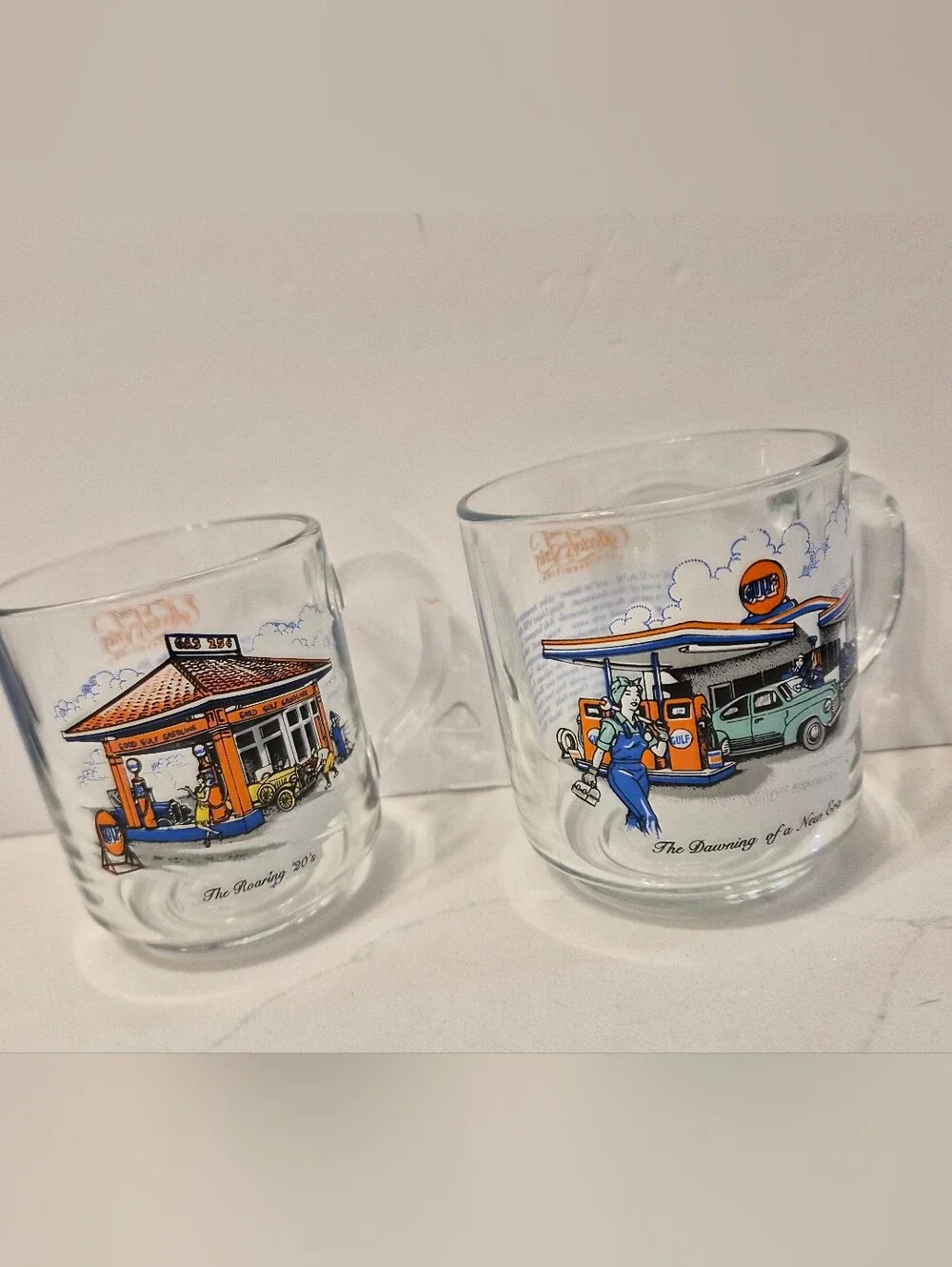 Vintage Luminarc Gulf Oil Collector Series Glass Mugs Set of 2